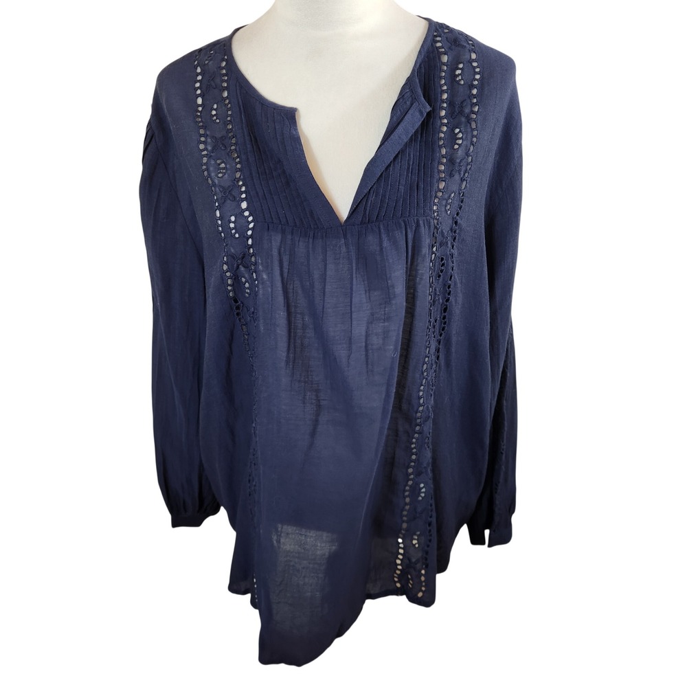 Gap Navy Blue Eyelet Pintuck Long Sleeve Blouse Womens XL Boho Peasant Top
